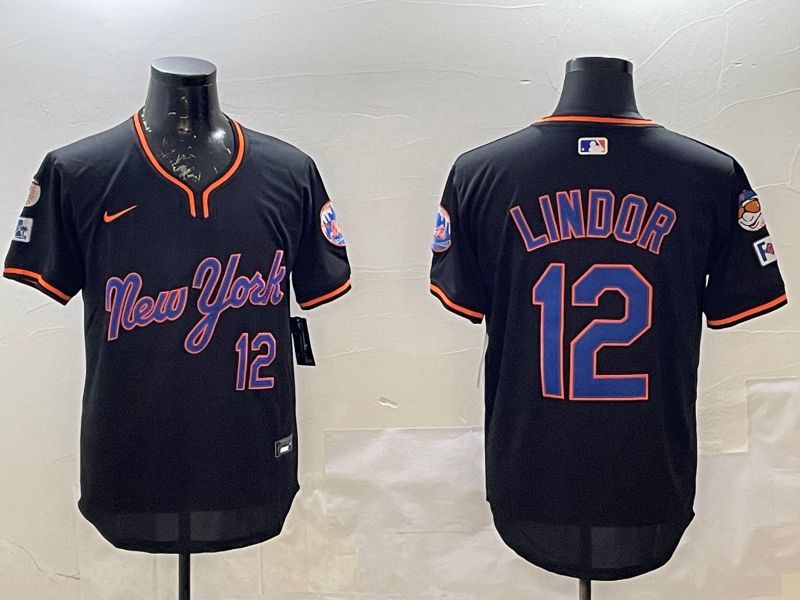 Men New York Mets 12 Lindor Black Throwback Game Nike 2025 MLB Jersey style 1